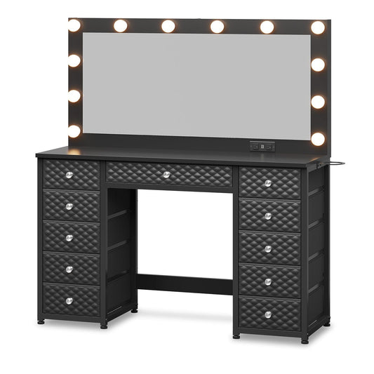 Makeup Vanity with 11 Drawers and Extra Large Mirror Black