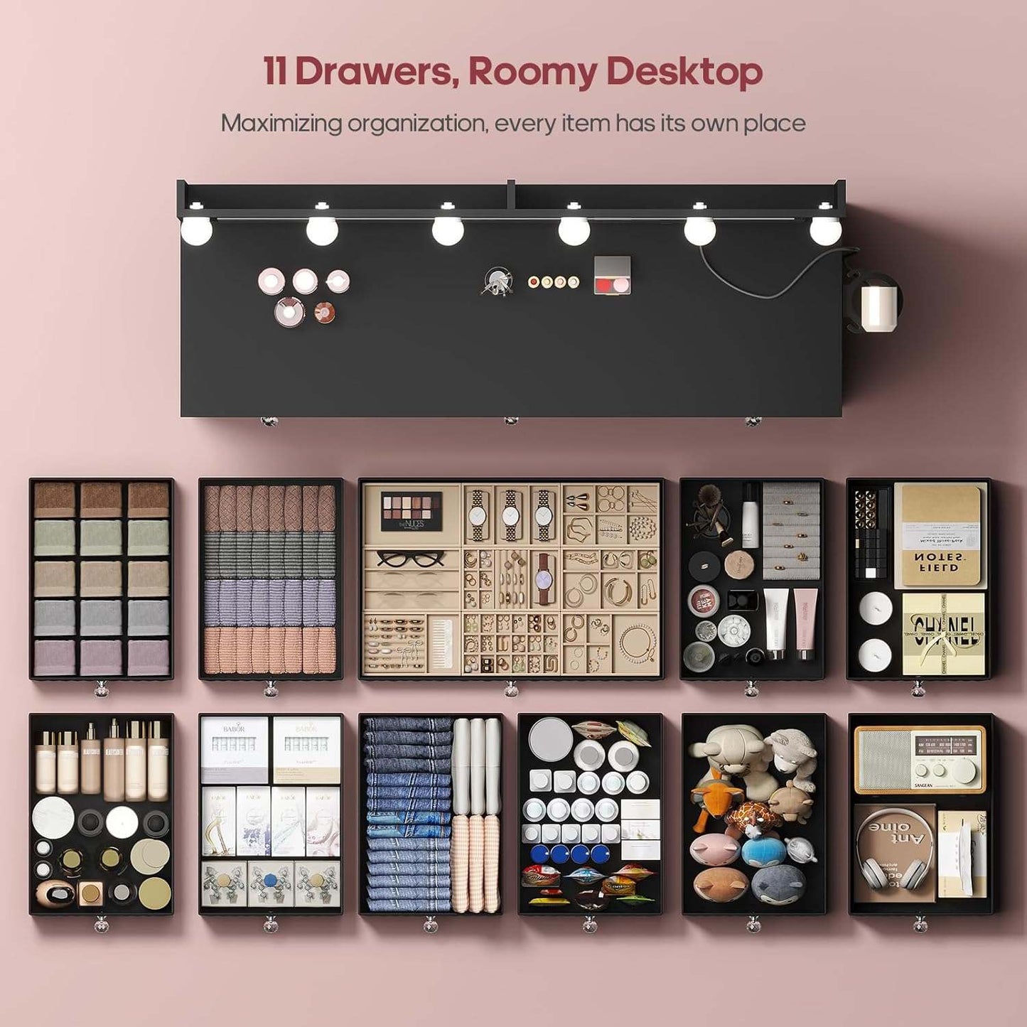 Makeup Vanity with 11 Drawers and Extra Large Mirror Black