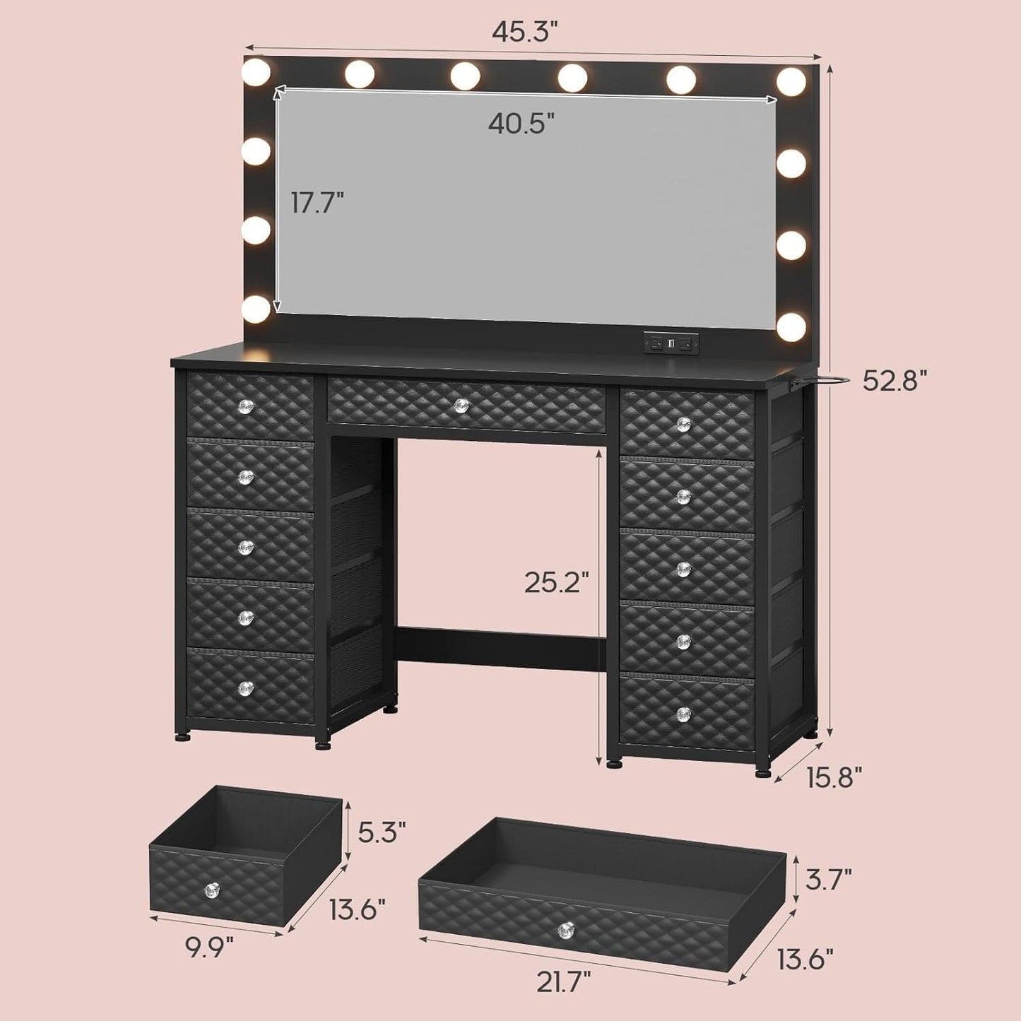 Makeup Vanity with 11 Drawers and Extra Large Mirror Black