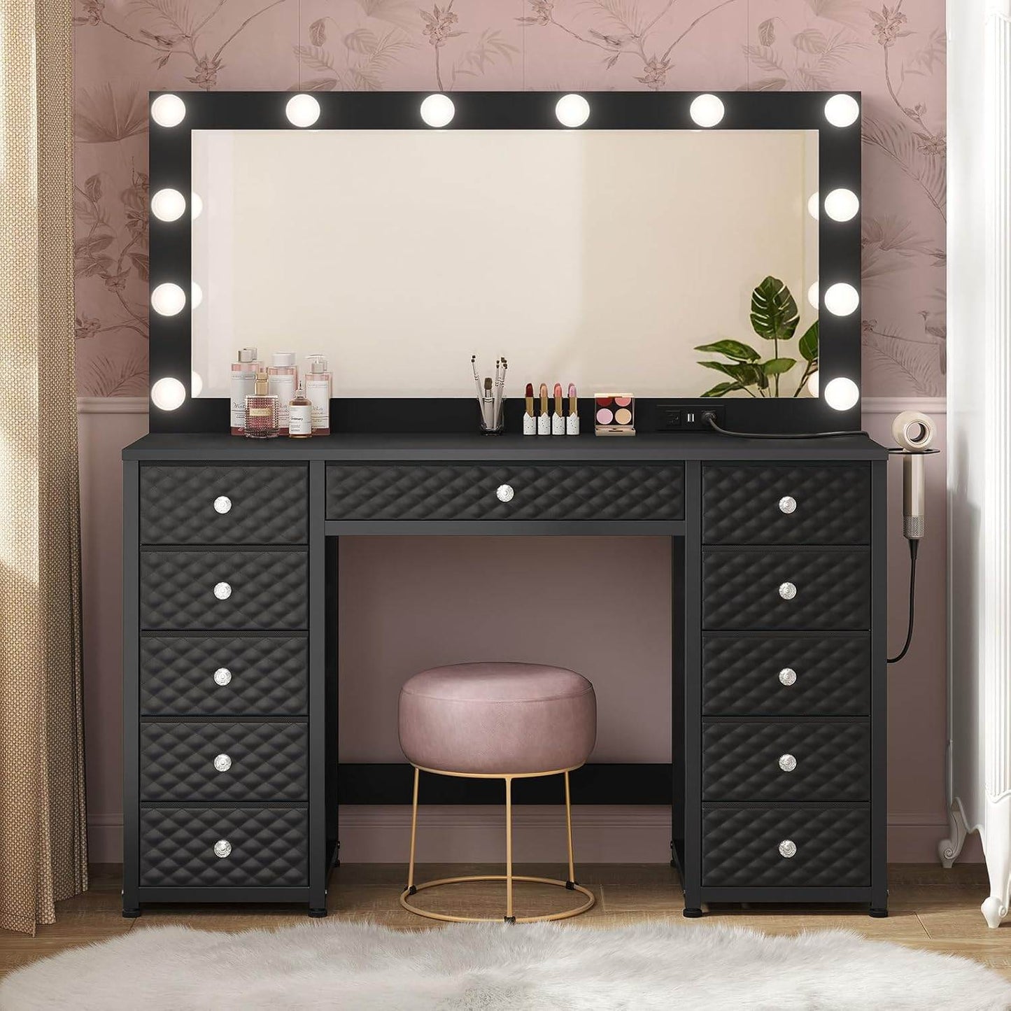 Makeup Vanity with 11 Drawers and Extra Large Mirror Black