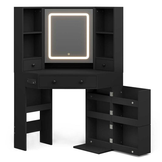 Corner Makeup Vanity Set with Upholstered Storage Stool Black