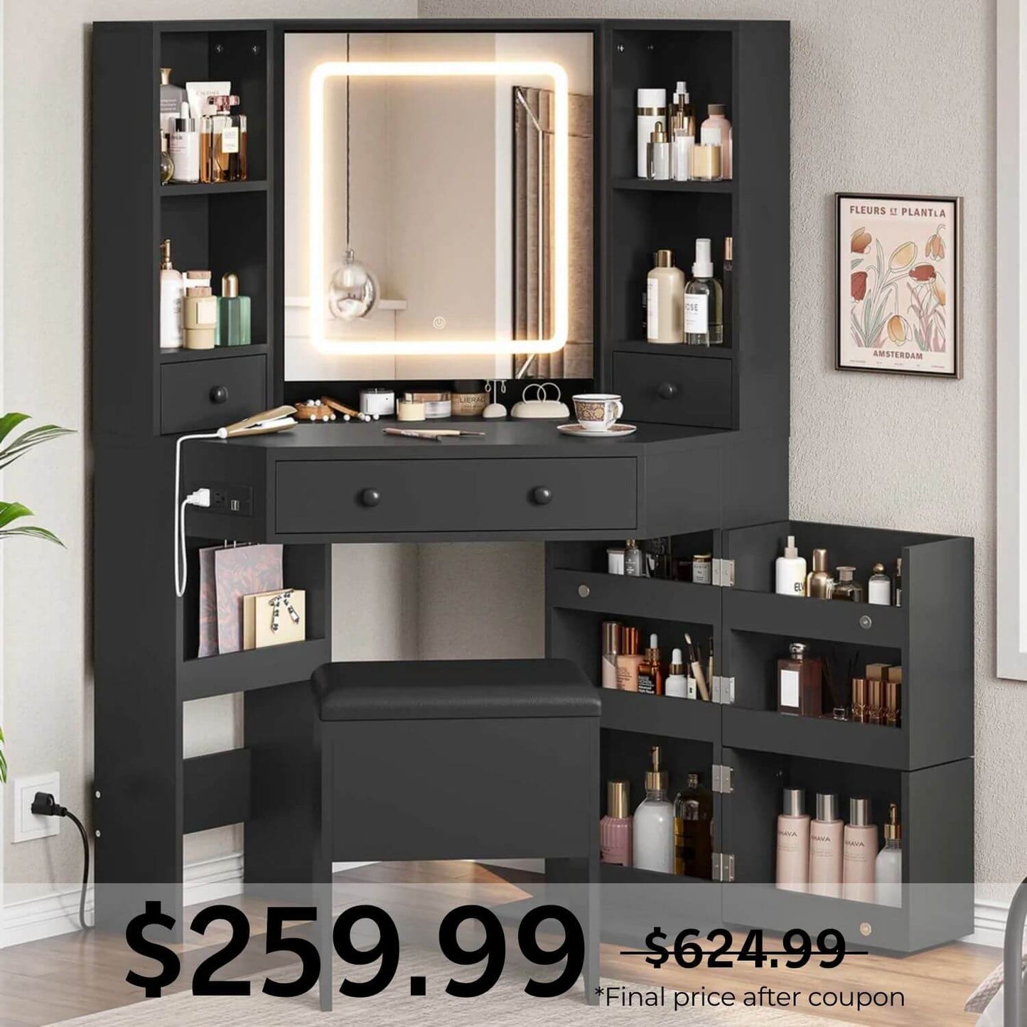 Corner Makeup Vanity Set with Upholstered Storage Stool Black