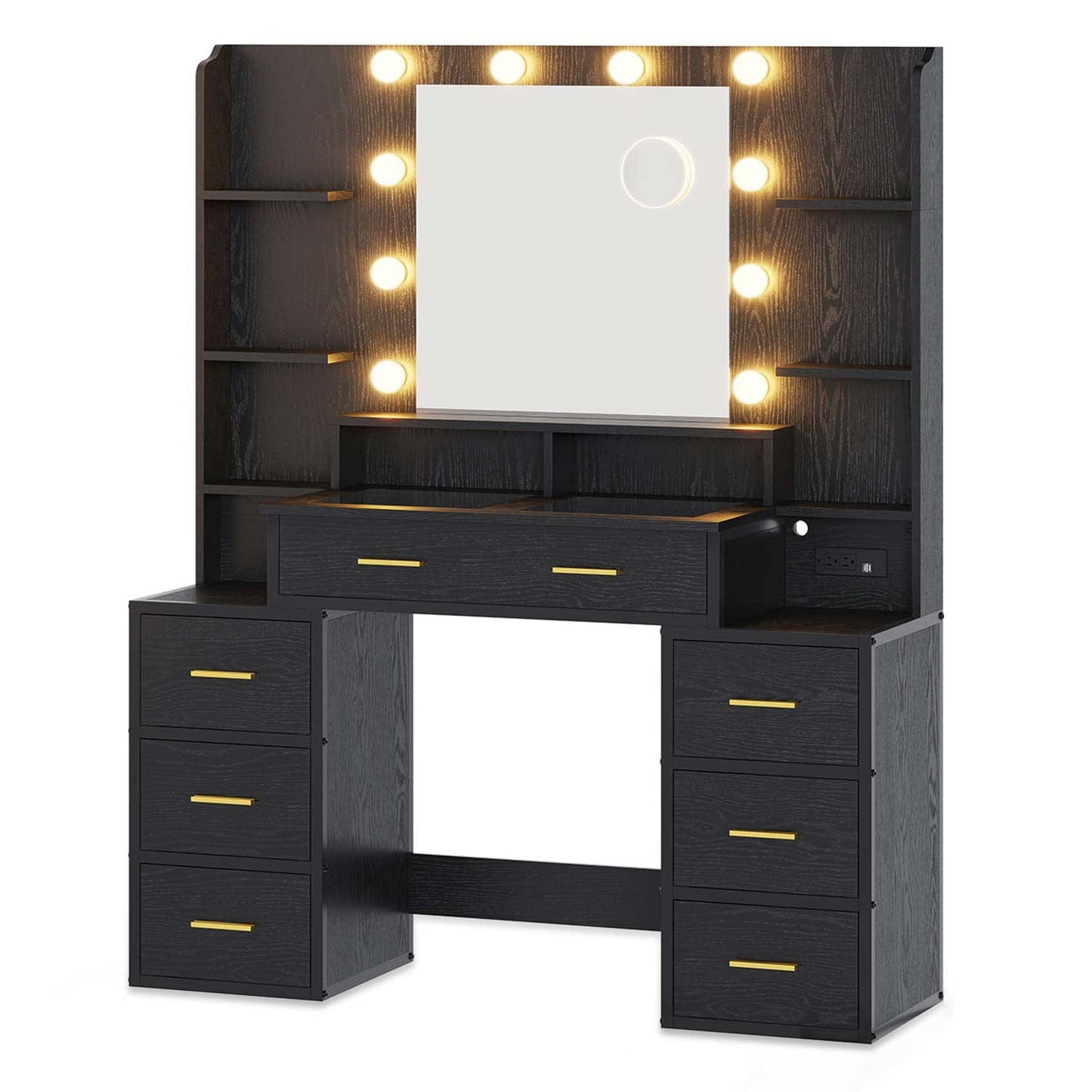 Glass Top Makeup Vanity with Lighted Mirror Black