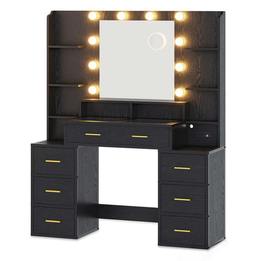 Glass Top Makeup Vanity with Lighted Mirror Black