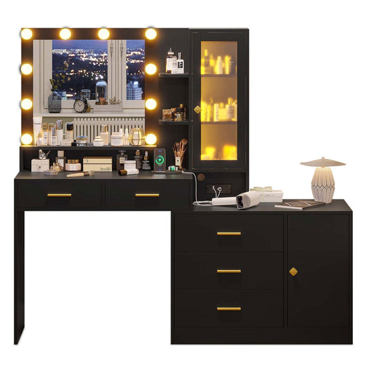 LED Makeup Vanity with Mirror Charging Station Black