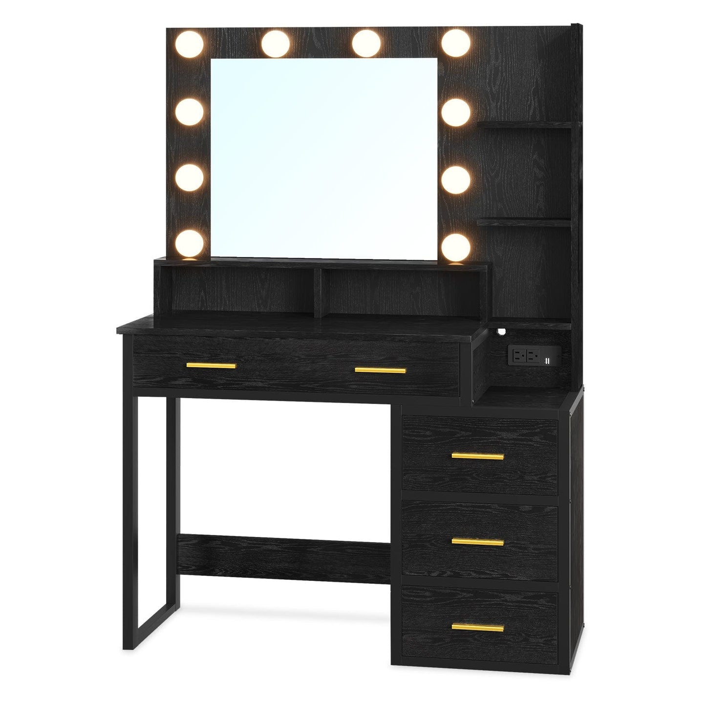 Makeup Vanity with LED Mirror Charging Station Black