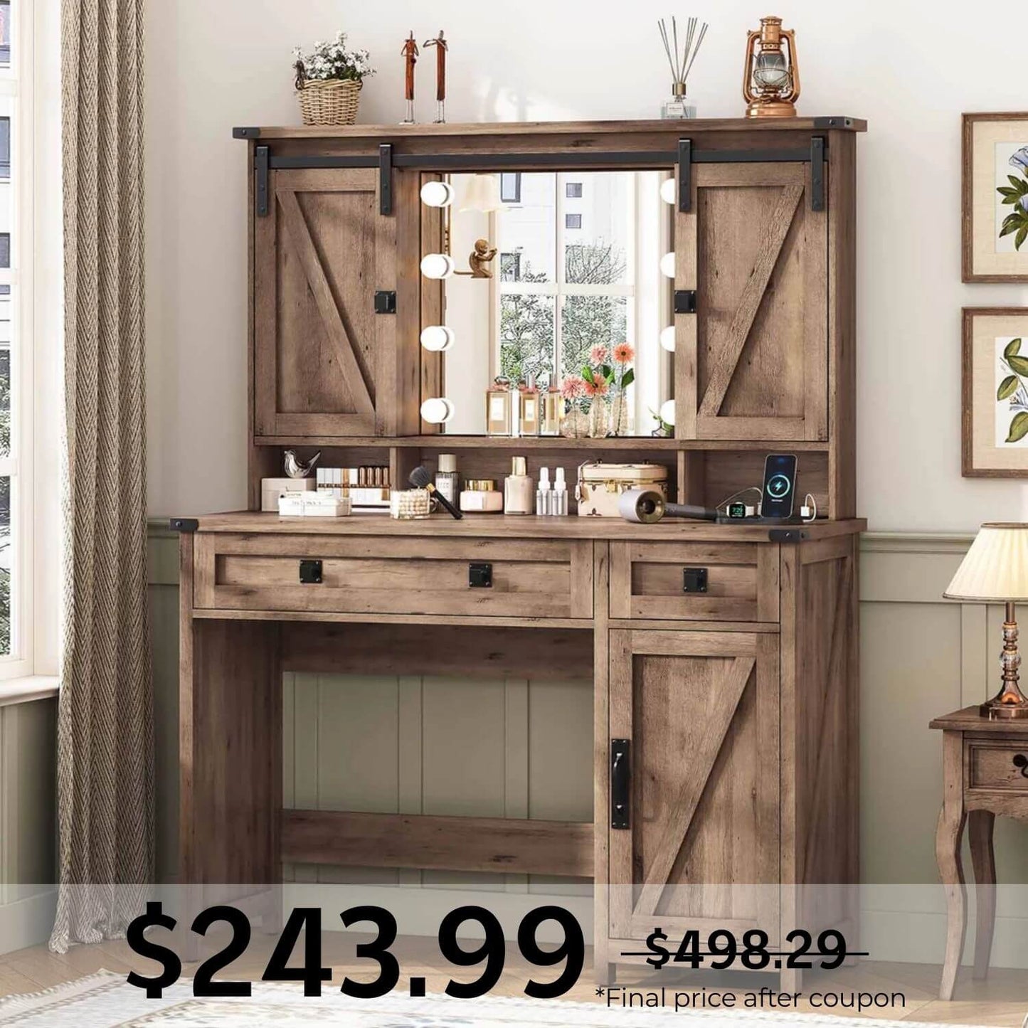 Makeup Vanity with LED Mirror Sliding Barn Doors Brown