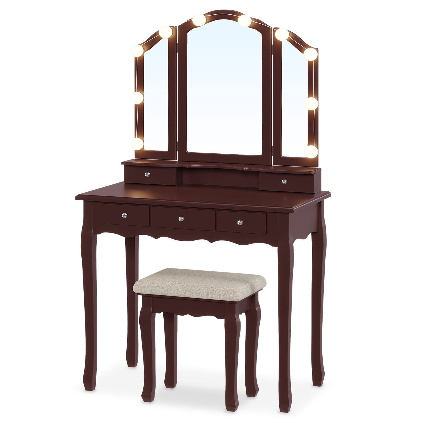 Makeup Vanity Set with LED Mirror Cushioned Stool Brown