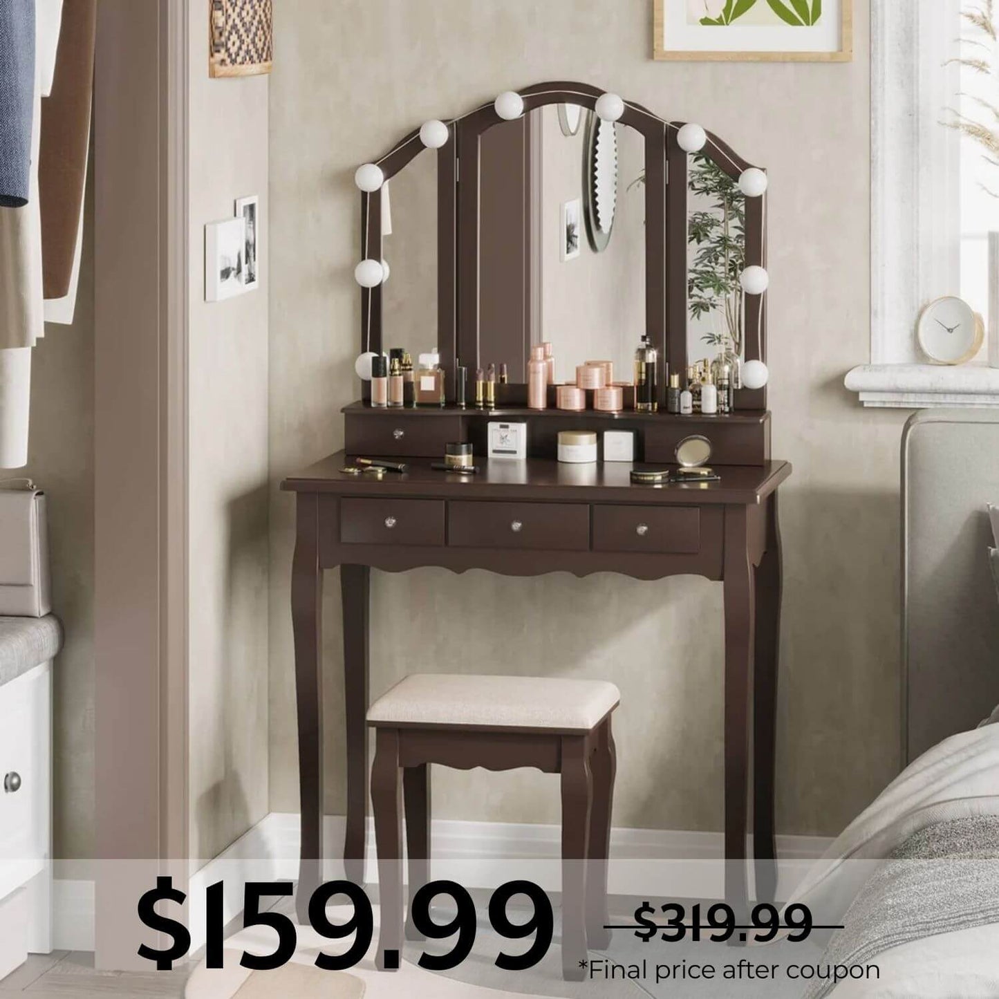 Makeup Vanity Set with LED Mirror Cushioned Stool Brown