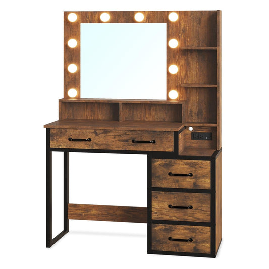 Makeup Vanity with LED Mirror Charging Station Rustic Brown