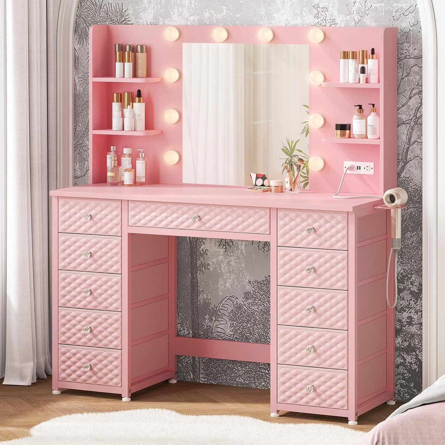 Makeup Vanity with 11 Drawers and 6 Open Shelves Pink