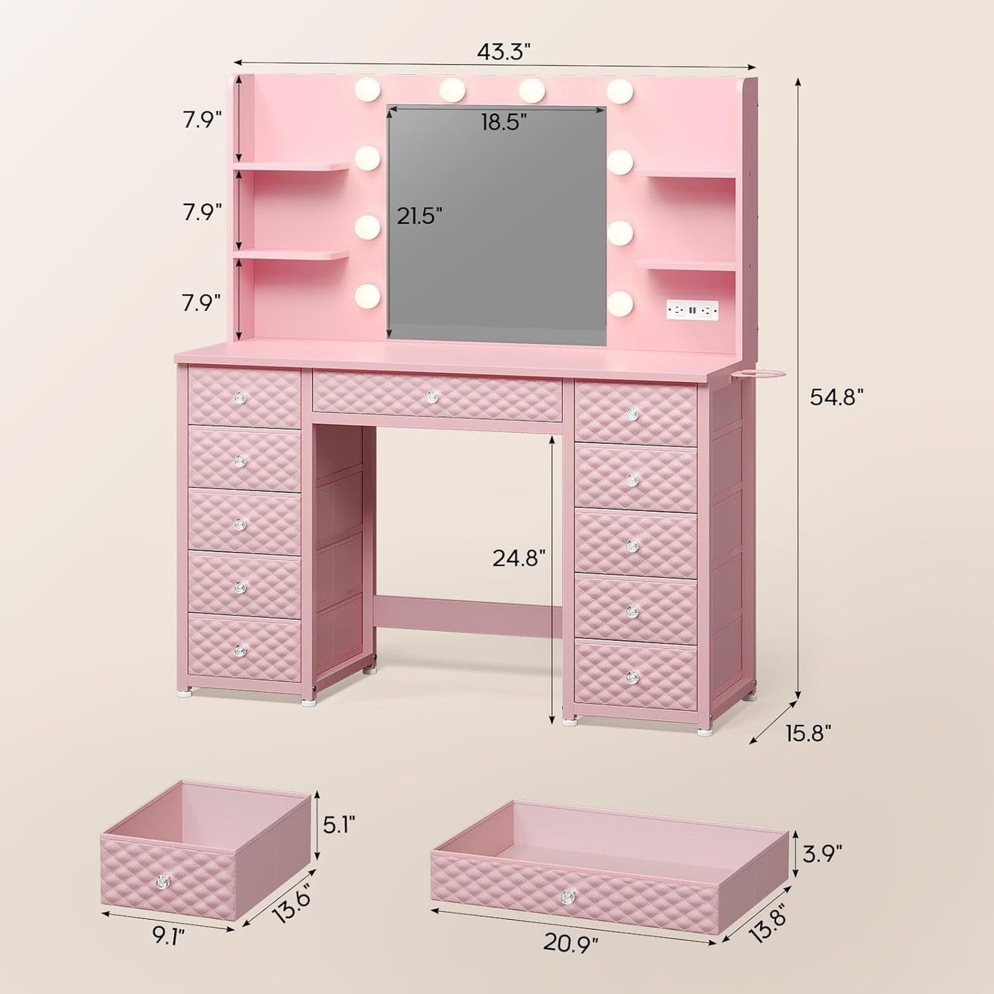 Makeup Vanity with 11 Drawers and 6 Open Shelves Pink