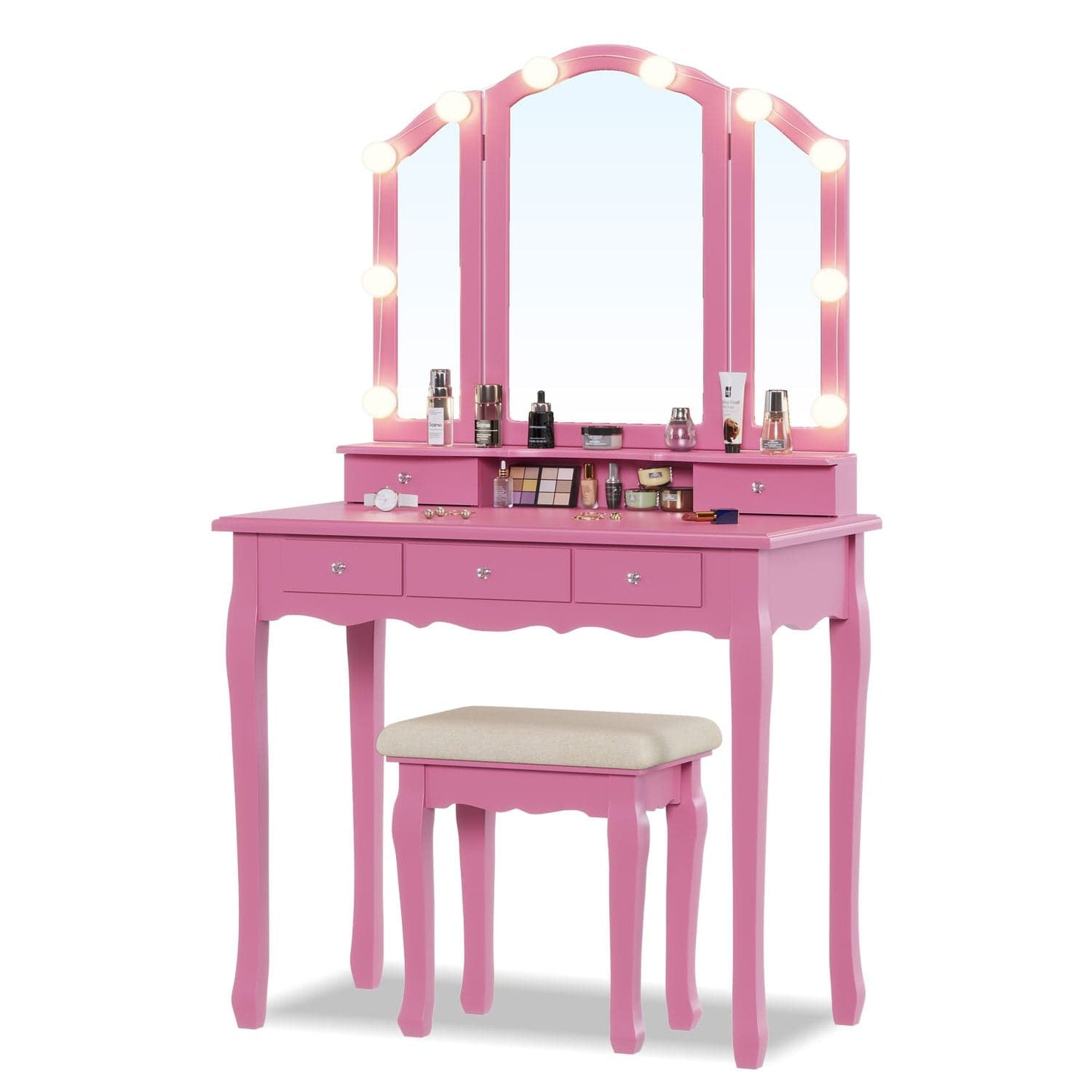 Makeup Vanity Set with LED Mirror Cushioned Stool Pink