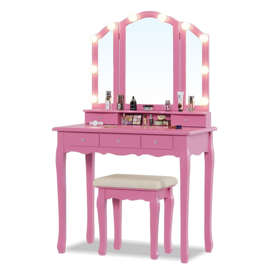Makeup Vanity Set with LED Mirror Cushioned Stool Pink