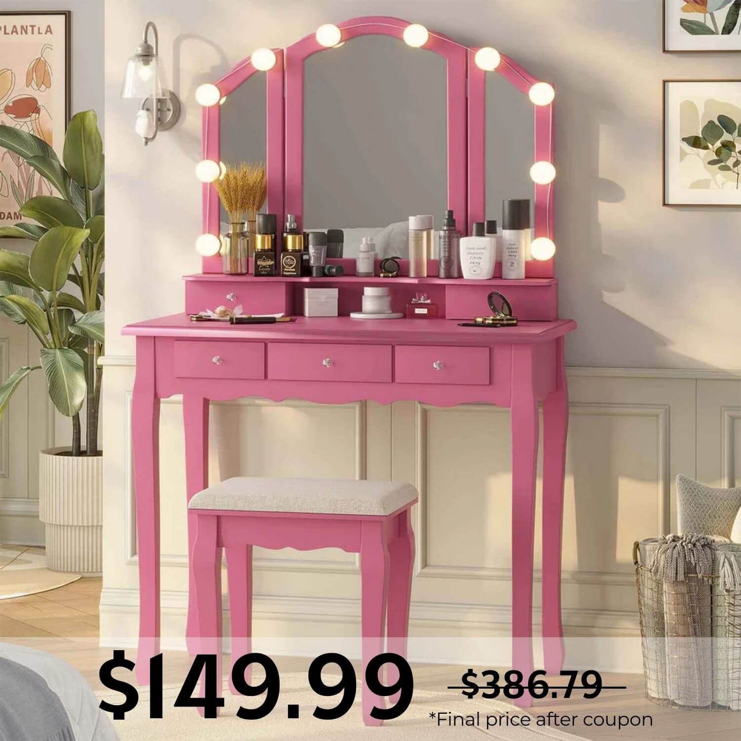 Makeup Vanity Set with LED Mirror Cushioned Stool Pink