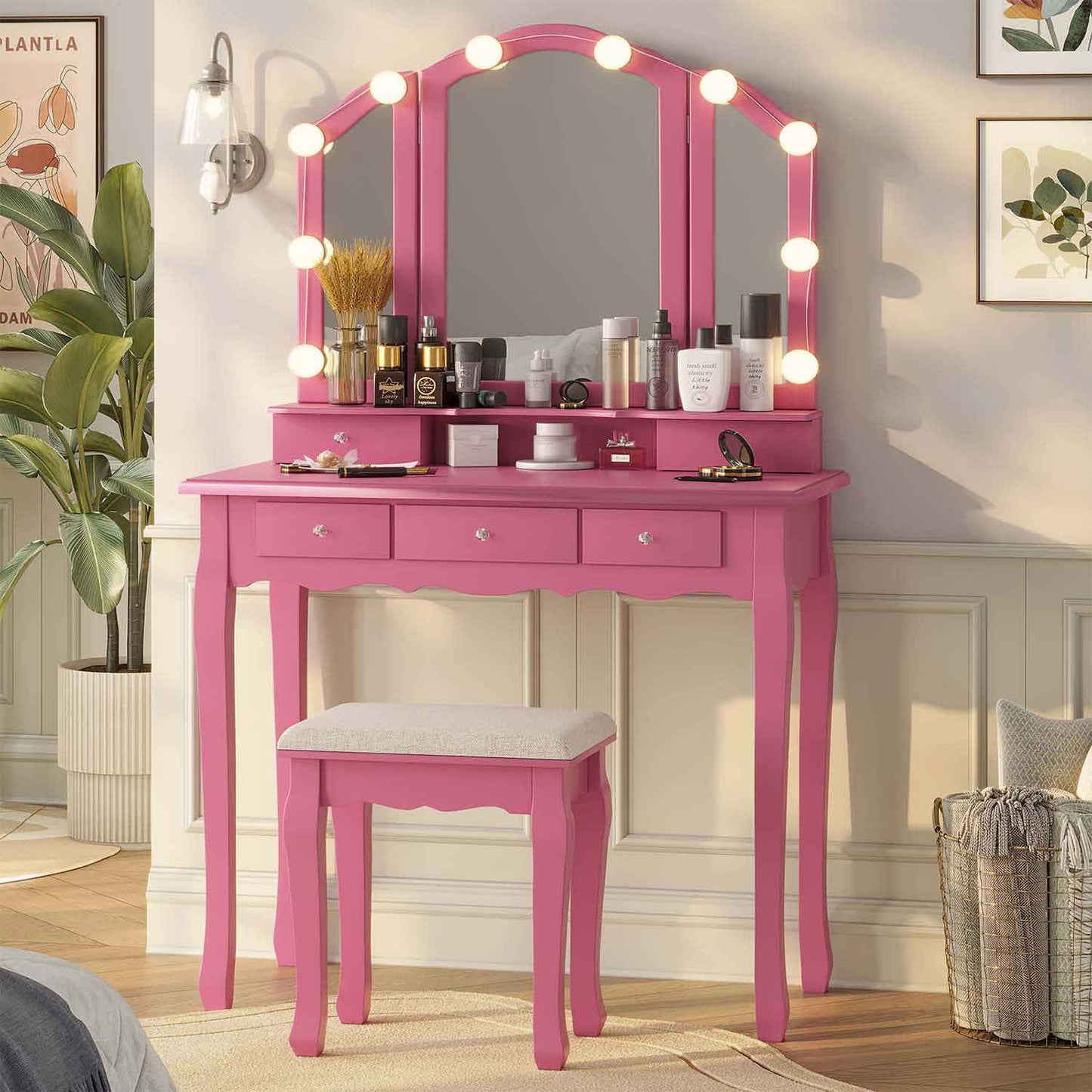 Makeup Vanity Set with LED Mirror Cushioned Stool Pink