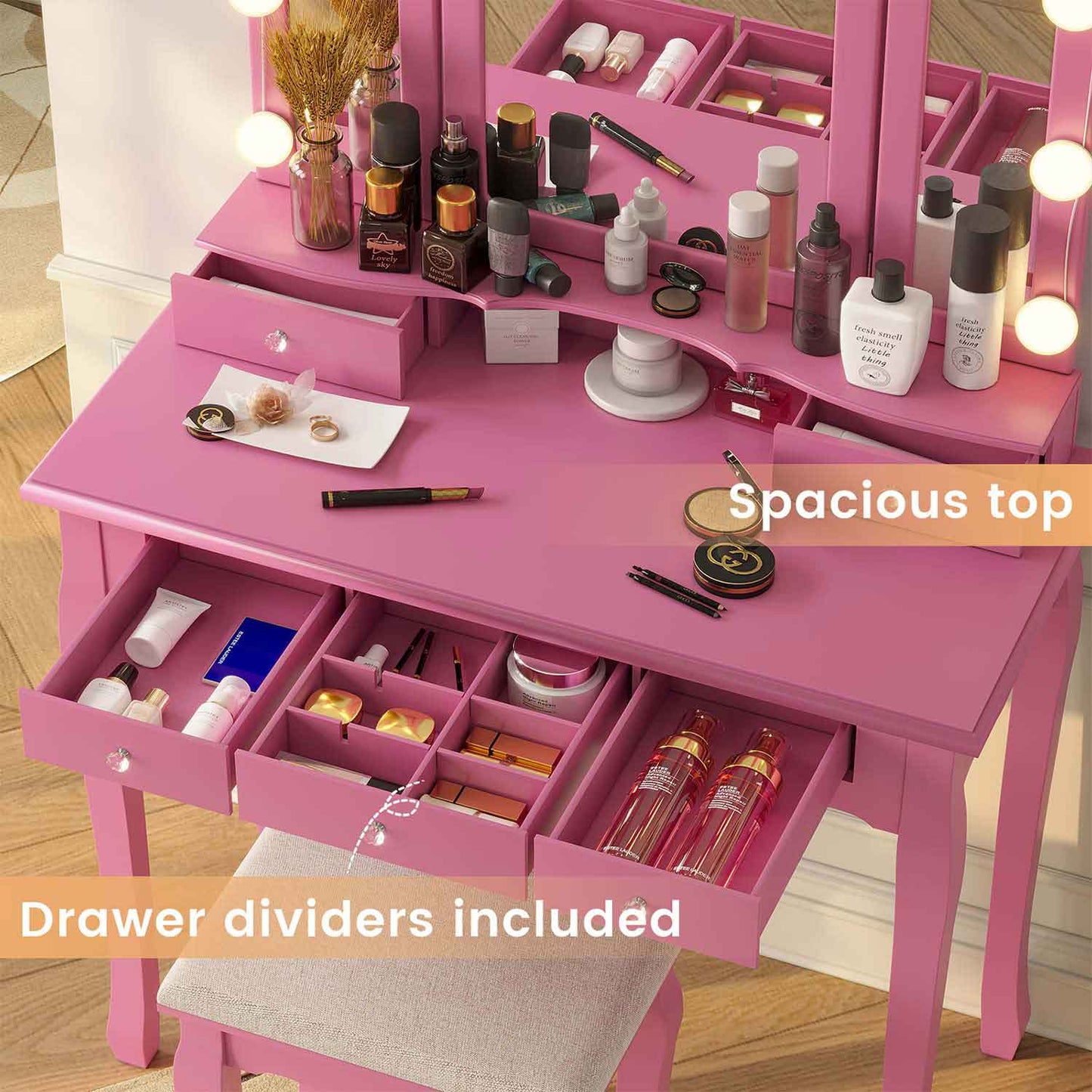 Makeup Vanity Set with LED Mirror Cushioned Stool Pink