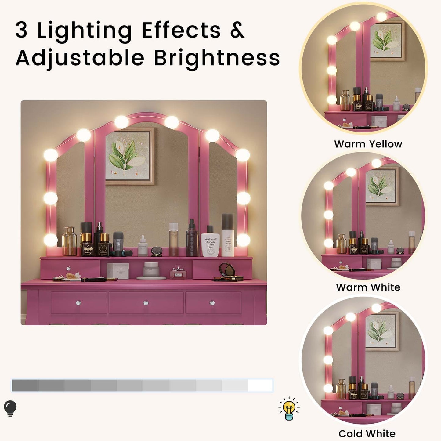 Makeup Vanity Set with LED Mirror Cushioned Stool Pink