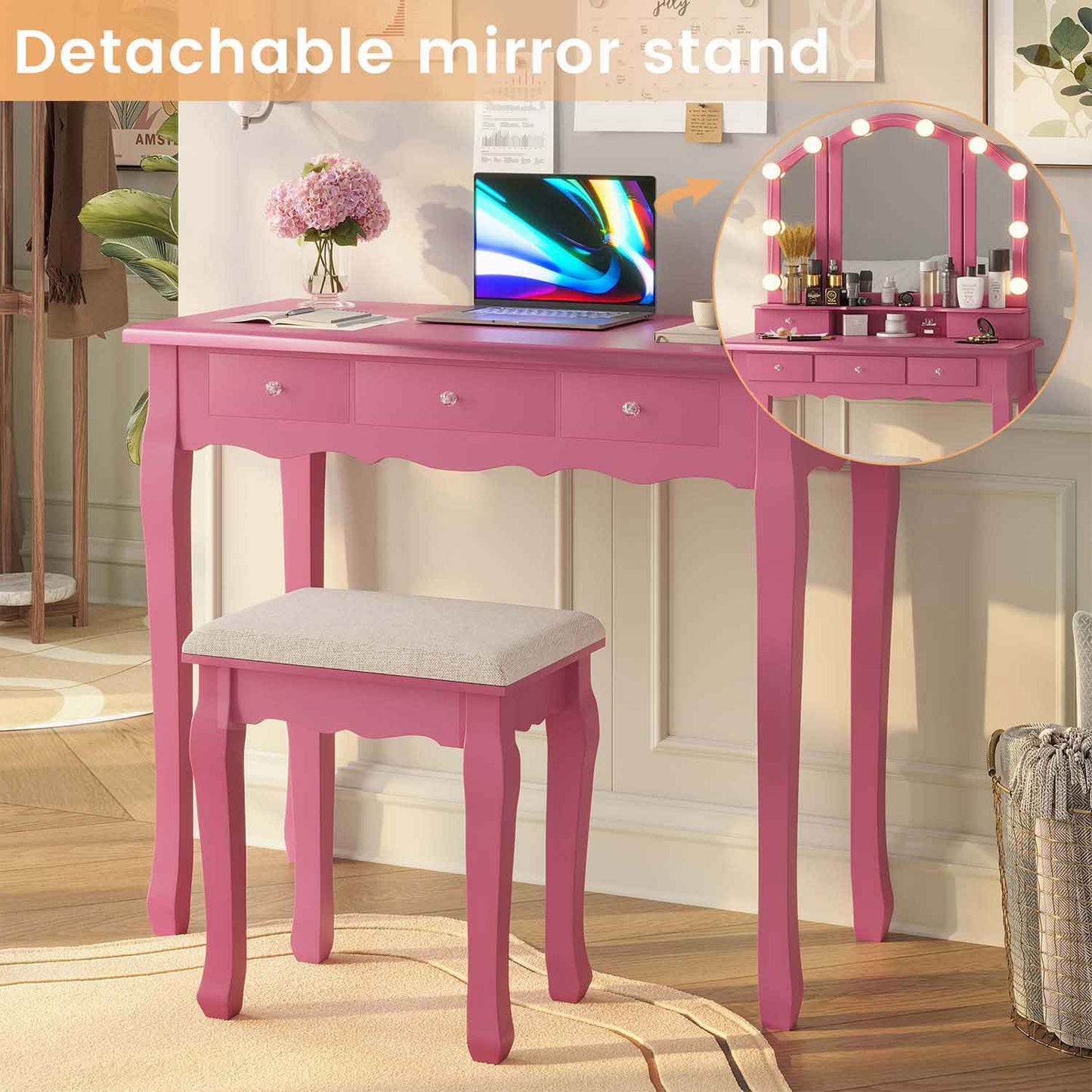 Makeup Vanity Set with LED Mirror Cushioned Stool Pink