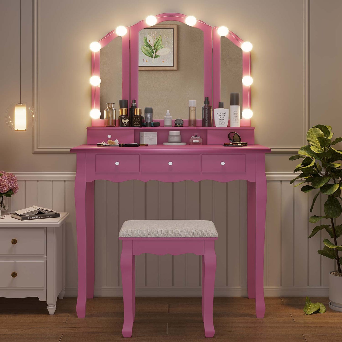 Makeup Vanity Set with LED Mirror Cushioned Stool Pink