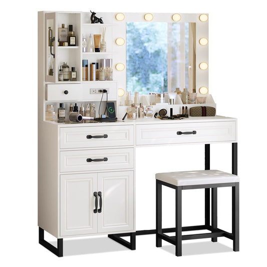 Glass Top Makeup Vanity Set with Bench White & Black