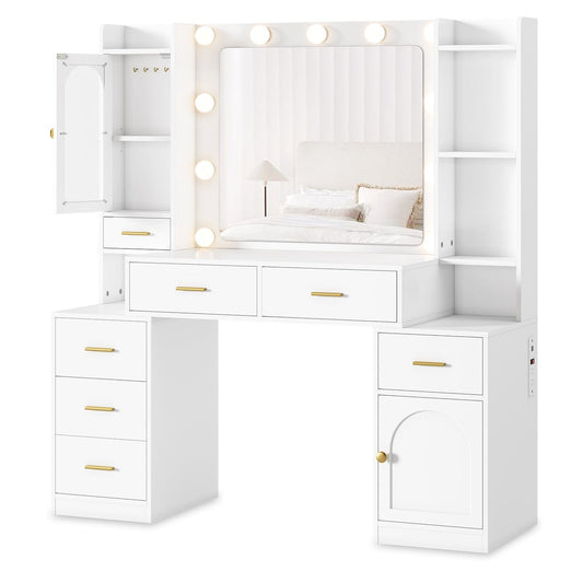LED Makeup Vanity with Mirror RGB Glass Cabinet White