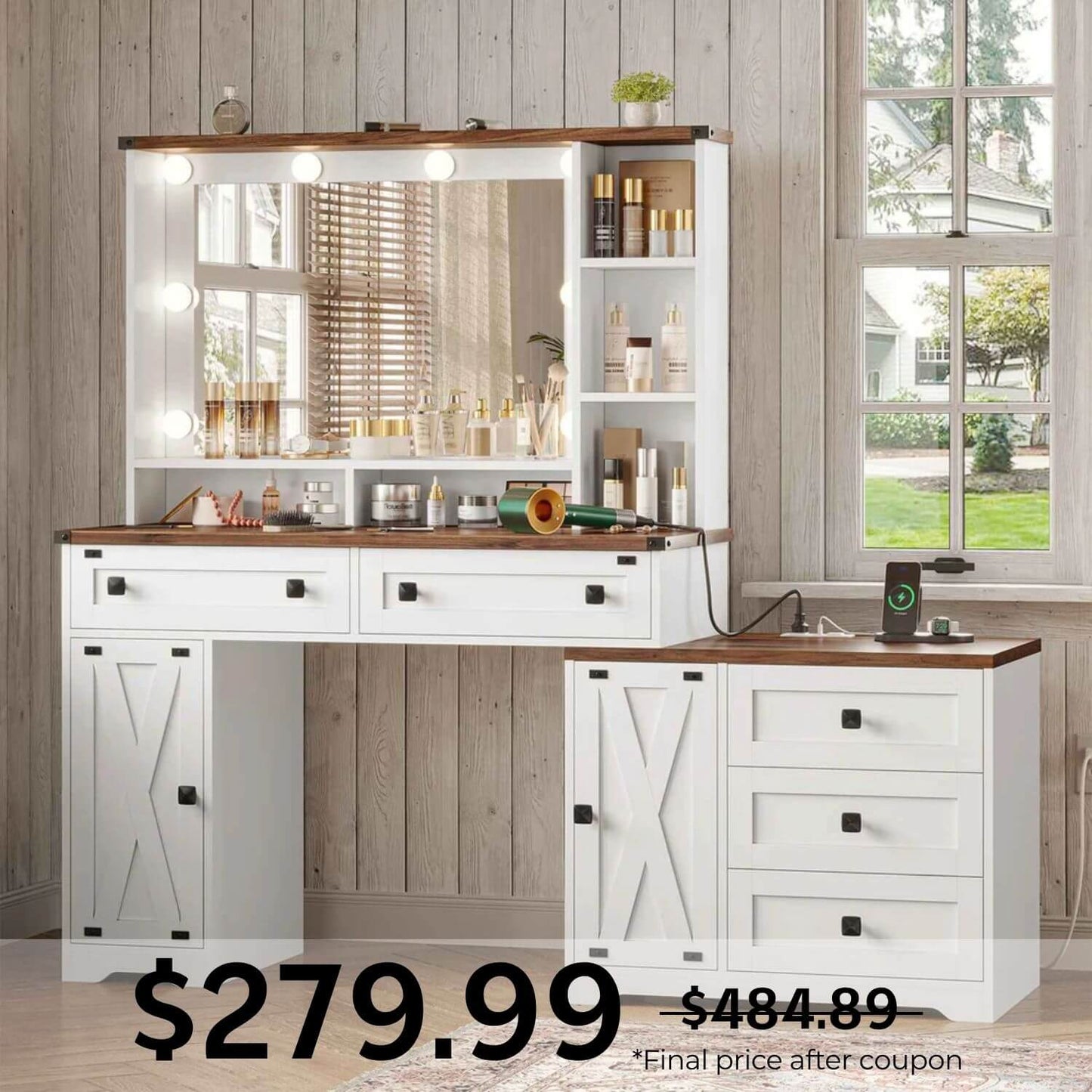 56.5 Inches Makeup Vanity with Lighted Mirror White