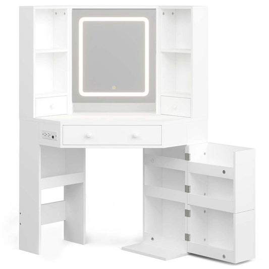 Corner Makeup Vanity Set with Upholstered Storage Stool White
