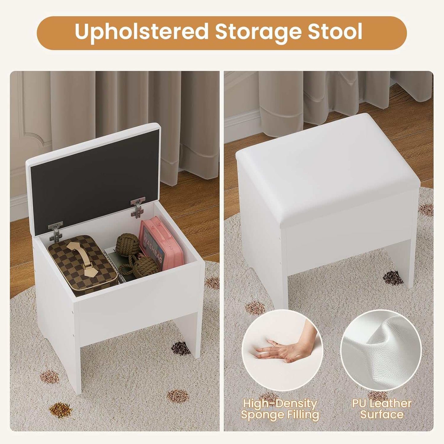 Corner Makeup Vanity with Tri-Fold Mirror and Cushioned Storage Stool White