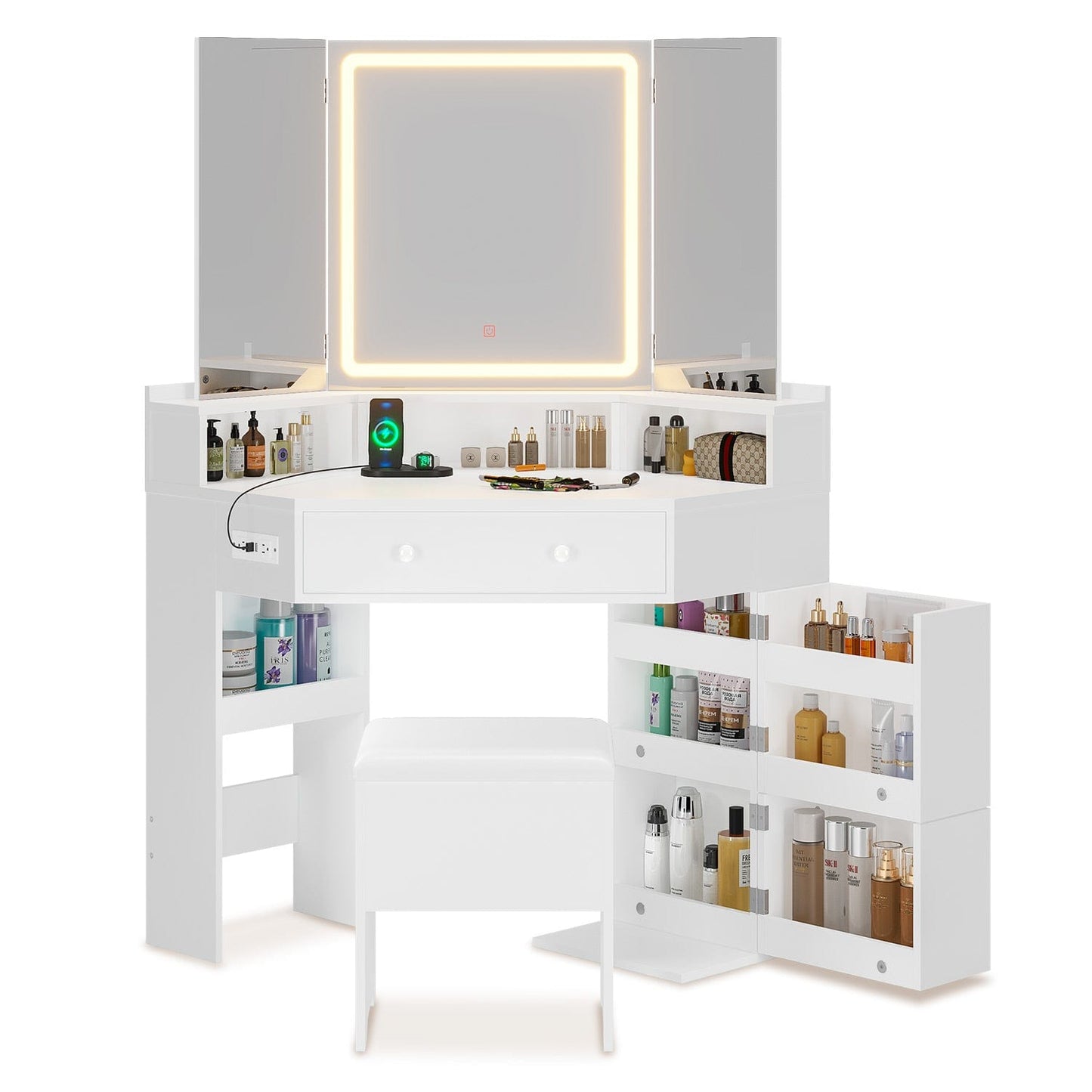 Corner Makeup Vanity with Tri-Fold Mirror and Cushioned Storage Stool White
