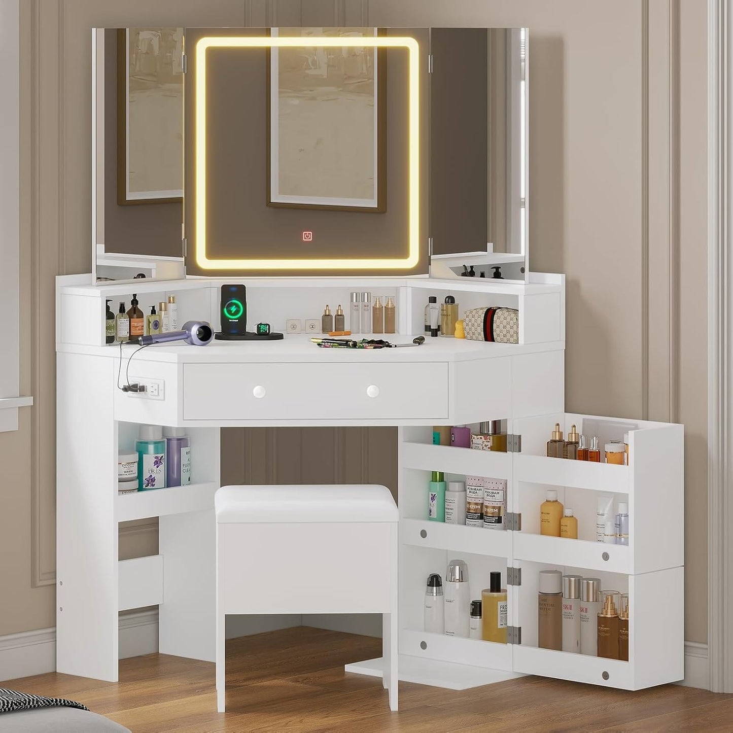 Corner Makeup Vanity with Tri-Fold Mirror and Cushioned Storage Stool White
