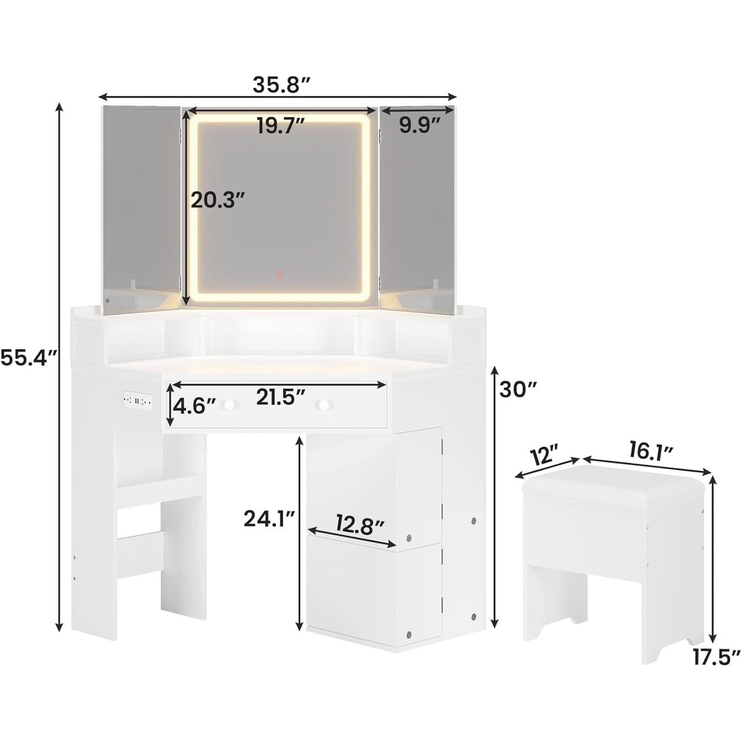 Corner Makeup Vanity with Tri-Fold Mirror and Cushioned Storage Stool White
