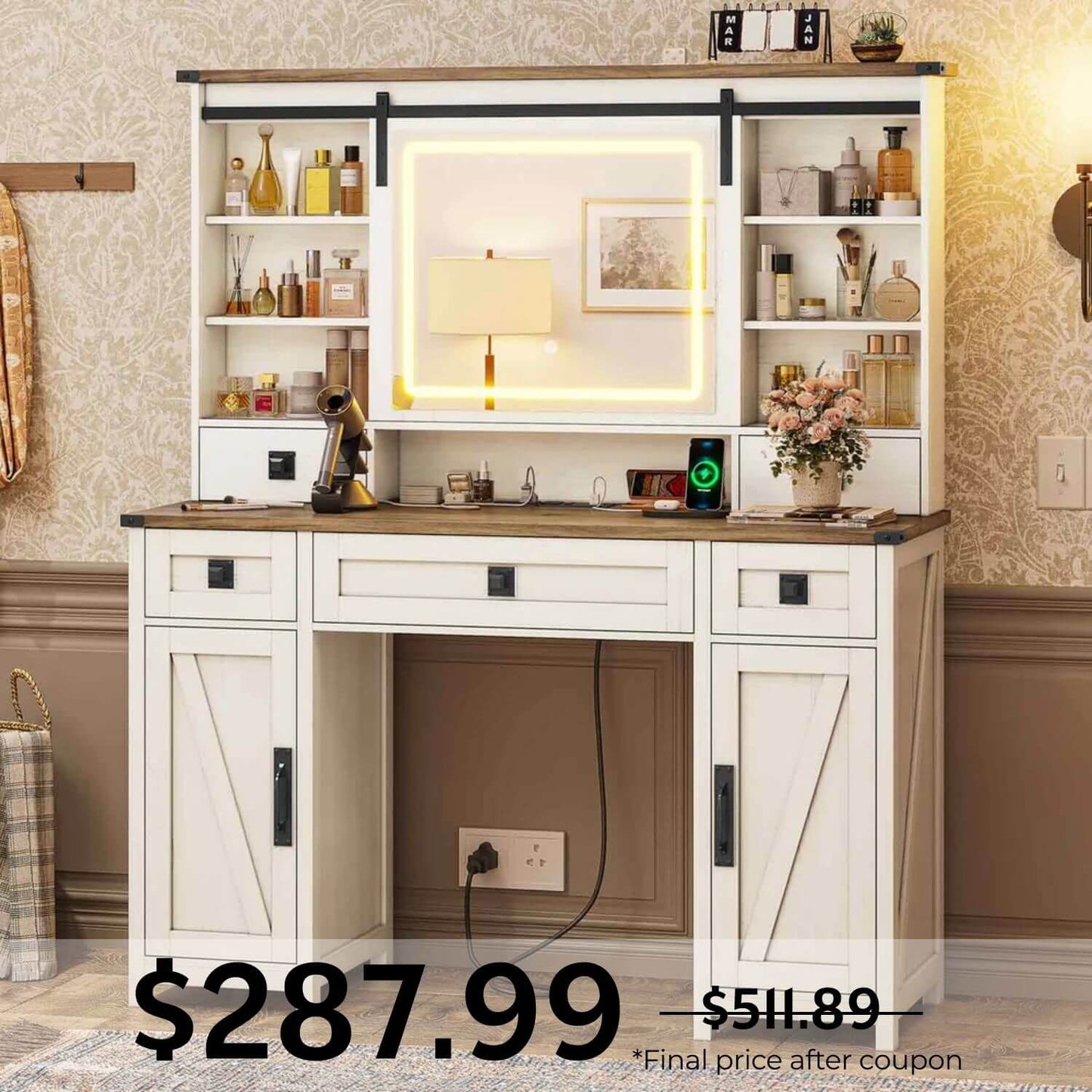 Makeup Vanity with Sliding Mirror LED Lights White