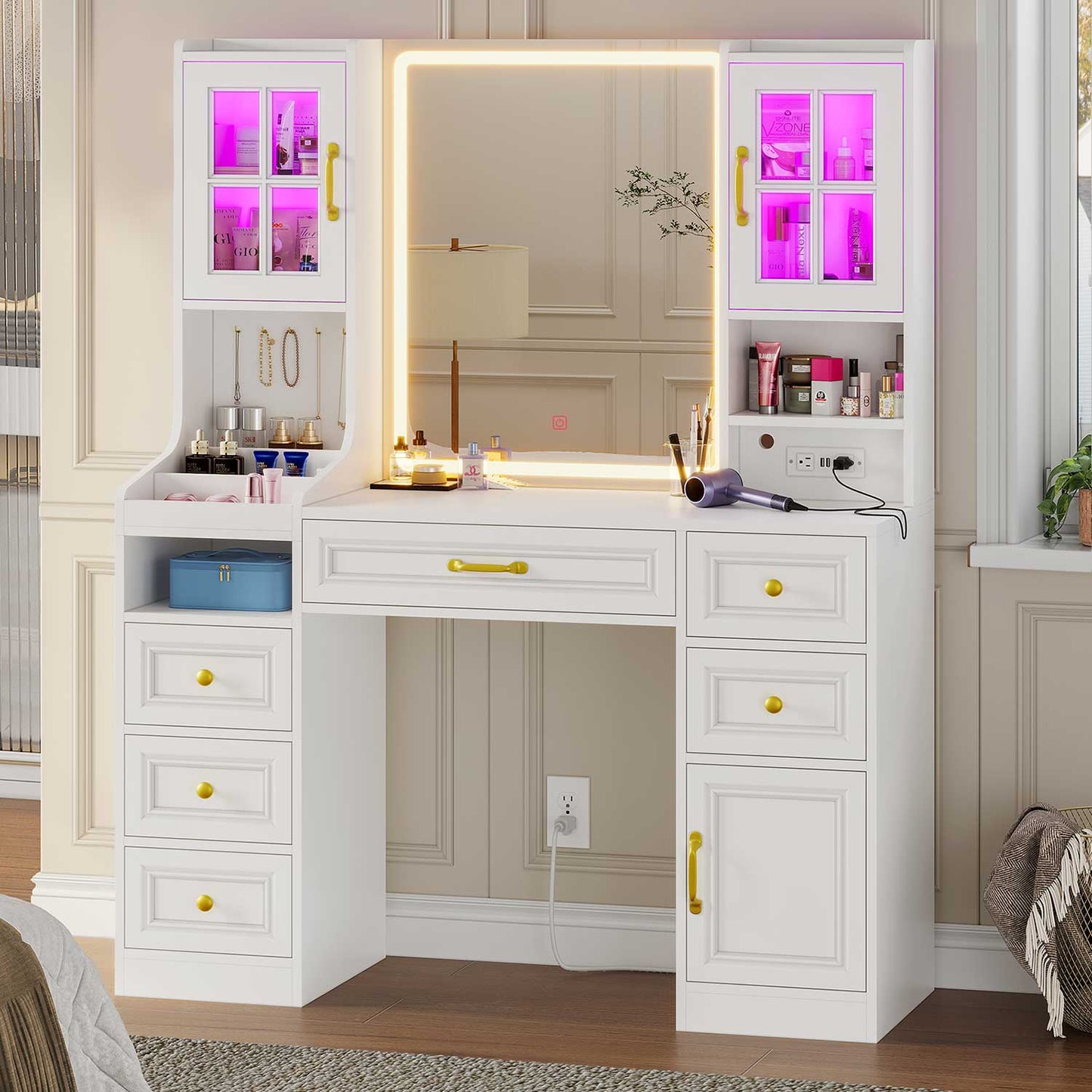 LED Makeup Vanity with Mirror Charging Station White