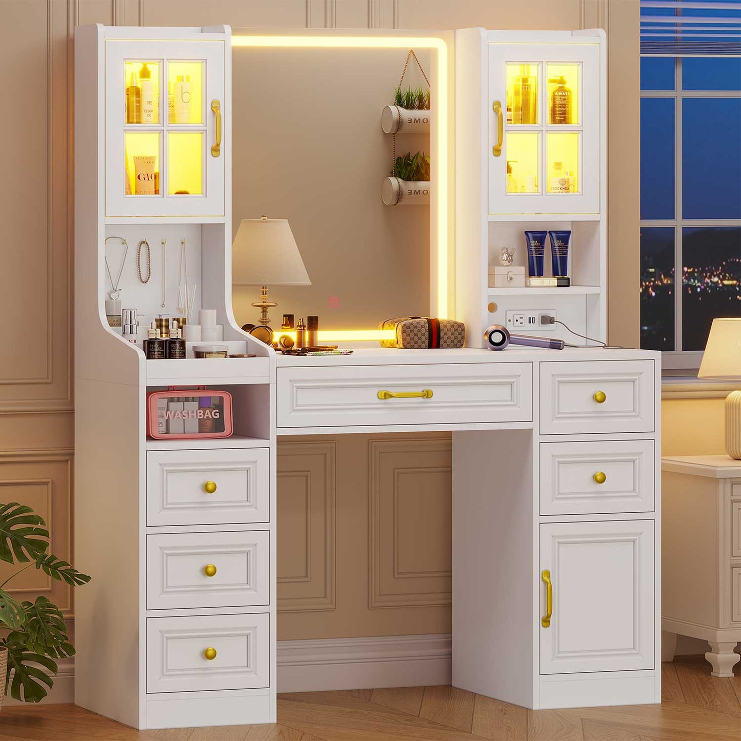 LED Makeup Vanity with Mirror Charging Station White