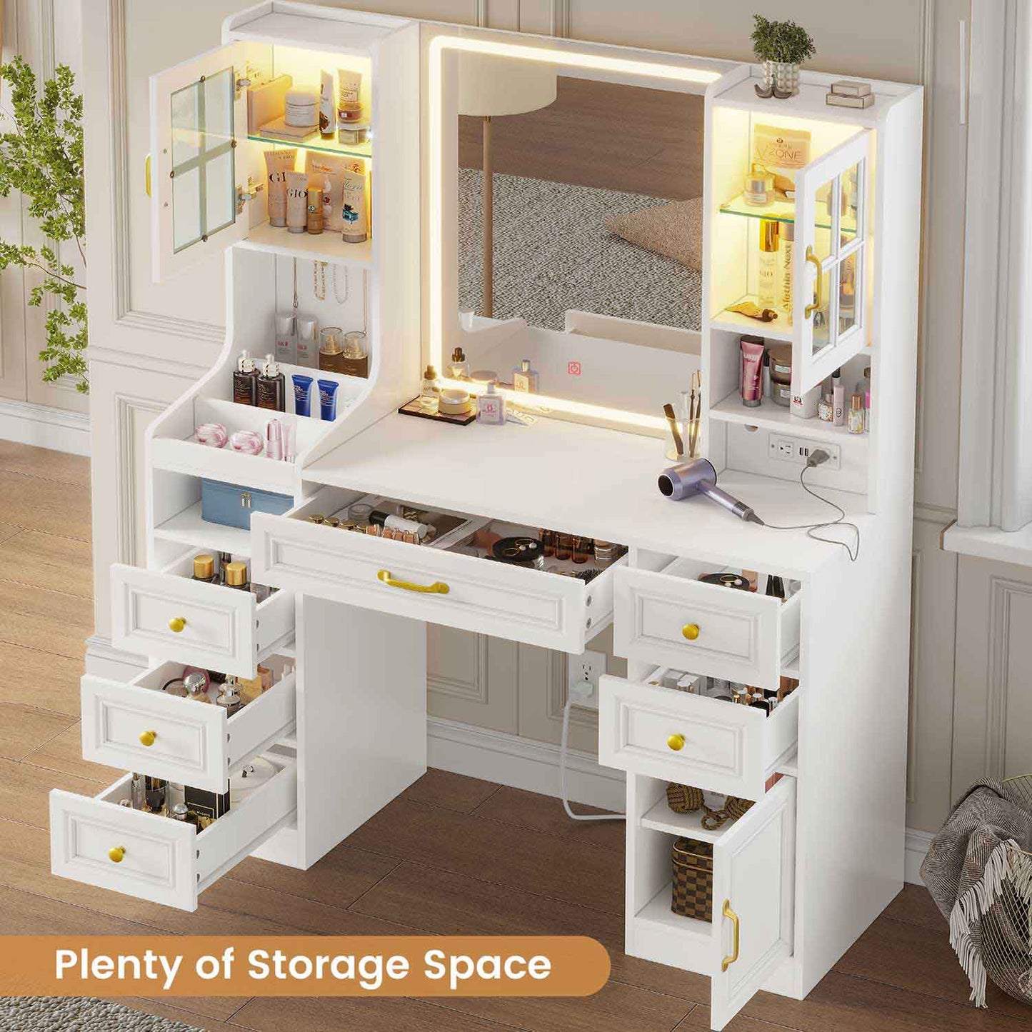 LED Makeup Vanity with Mirror Charging Station White