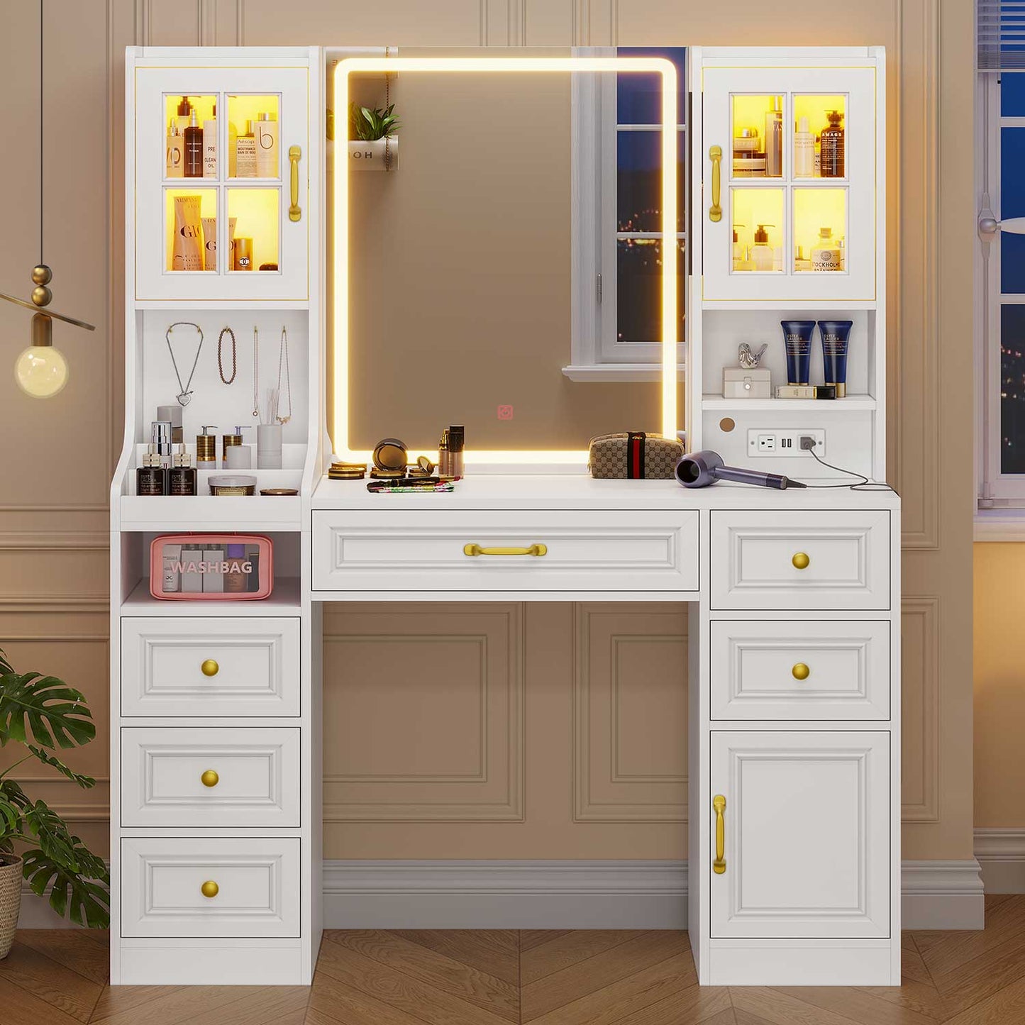 LED Makeup Vanity with Mirror Charging Station White