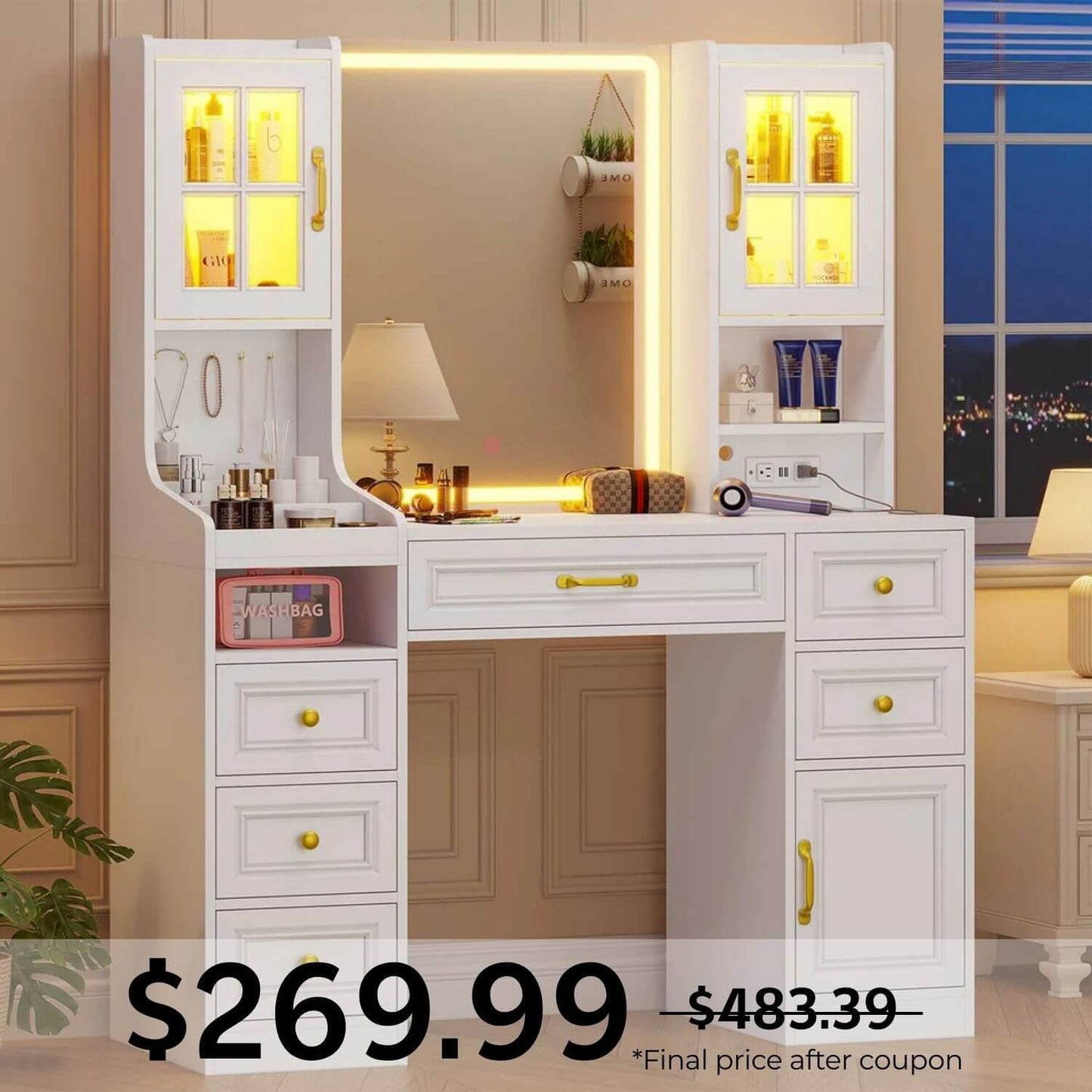 LED Makeup Vanity with Mirror Charging Station White