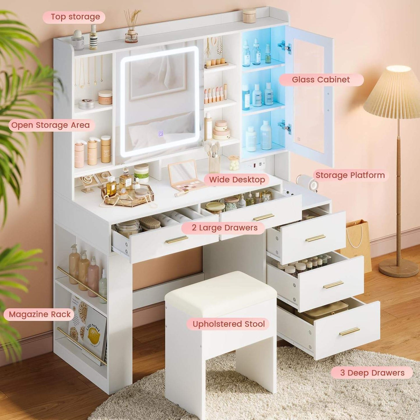 Makeup Vanity Desk with Sliding LED Lighted Mirror White