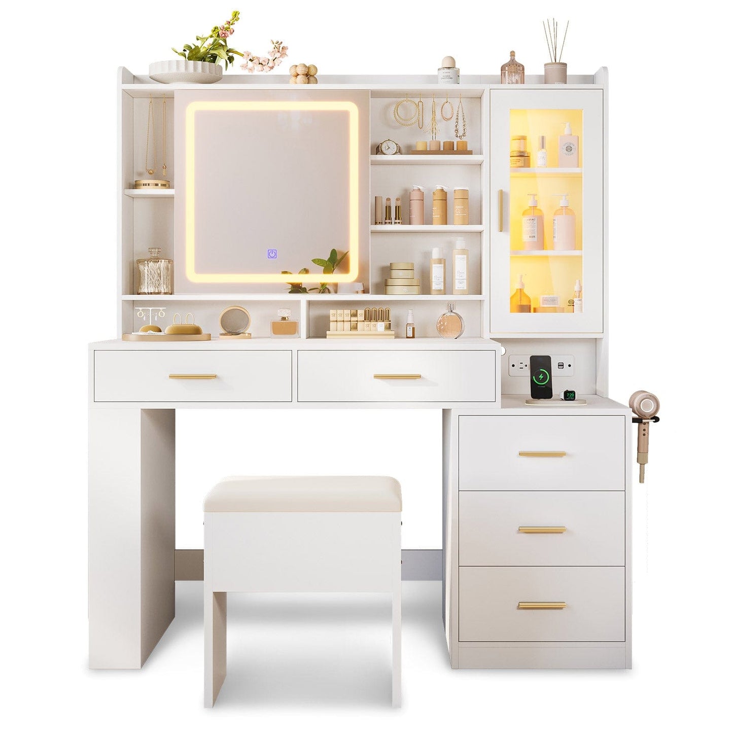 Makeup Vanity Desk with Sliding LED Lighted Mirror White