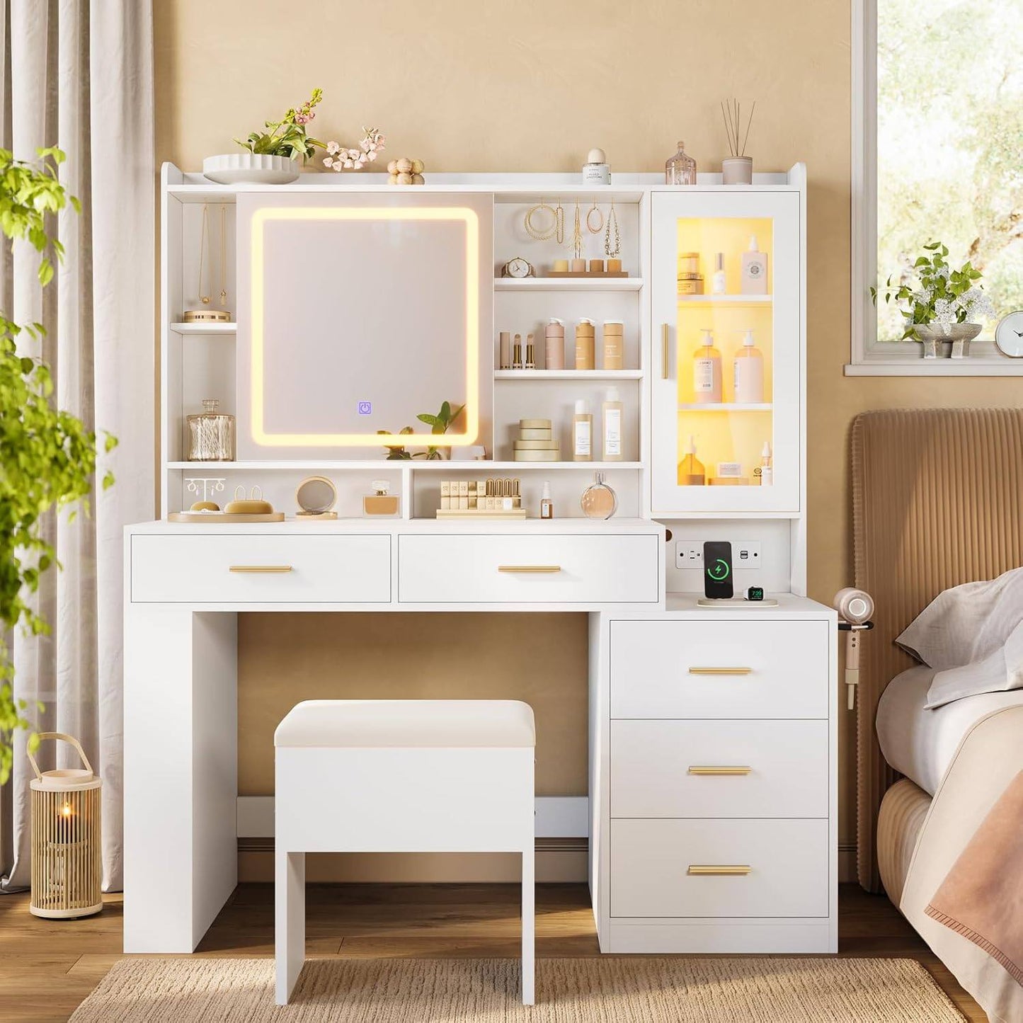 Makeup Vanity Desk with Sliding LED Lighted Mirror White