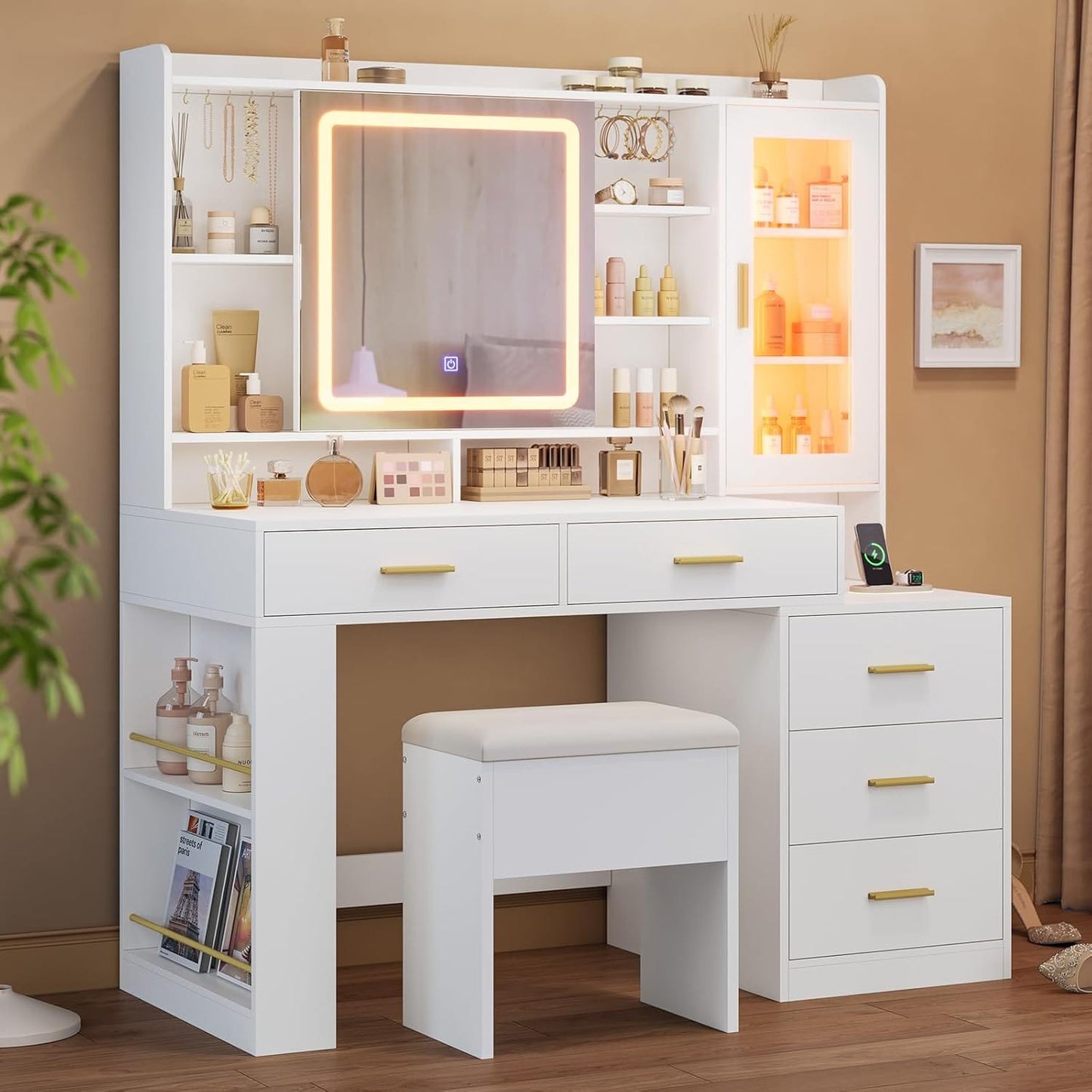 Makeup Vanity Desk with Sliding LED Lighted Mirror White