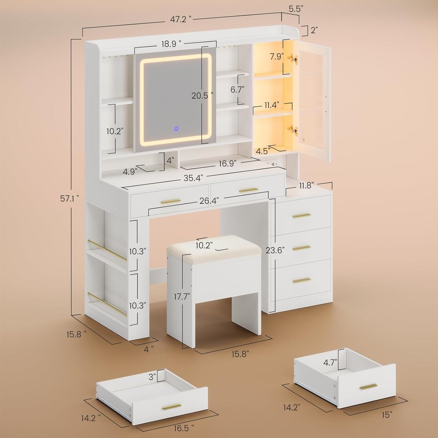 Makeup Vanity Desk with Sliding LED Lighted Mirror White