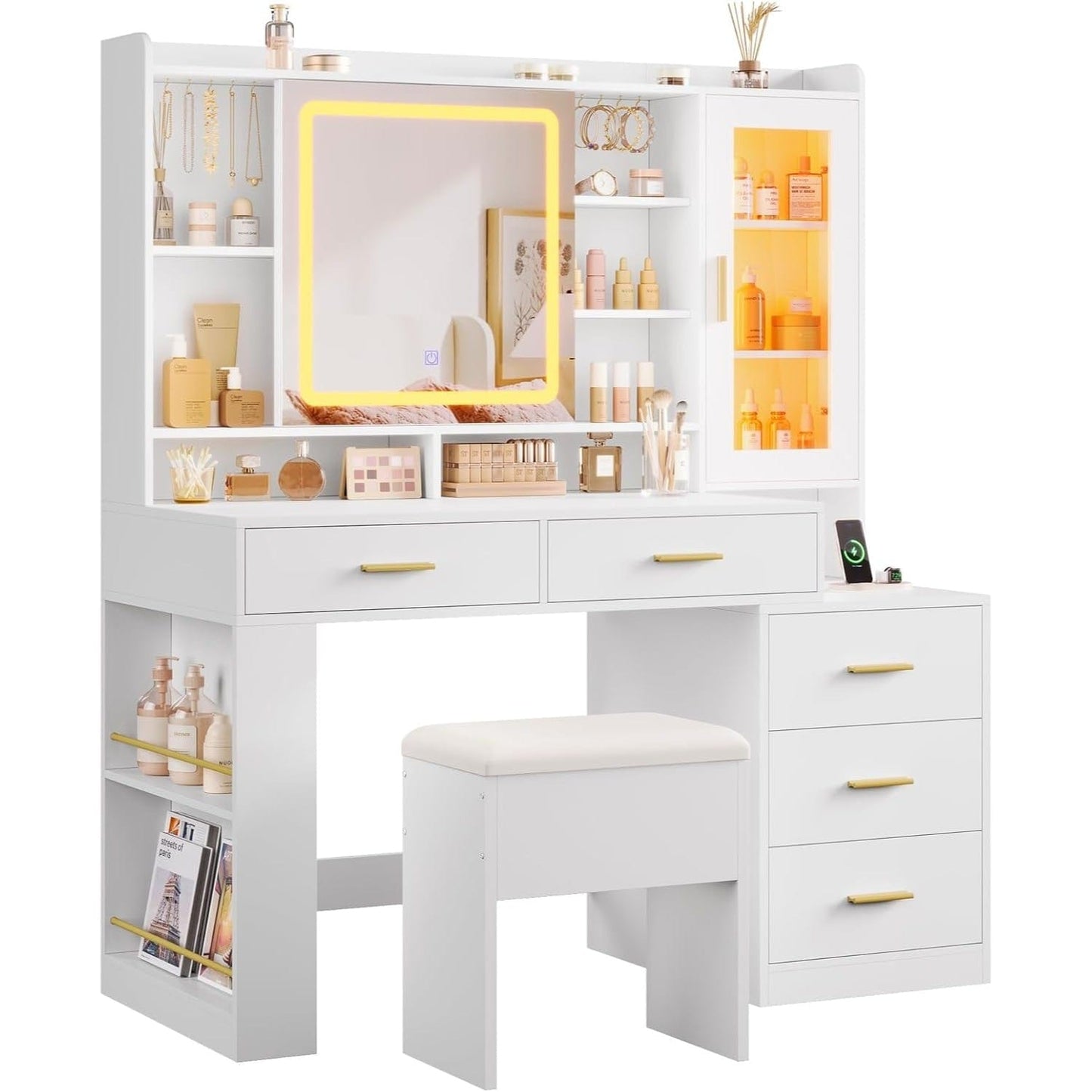 Makeup Vanity Desk with Sliding LED Lighted Mirror White