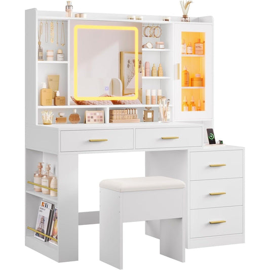 Makeup Vanity Desk with Sliding LED Lighted Mirror White