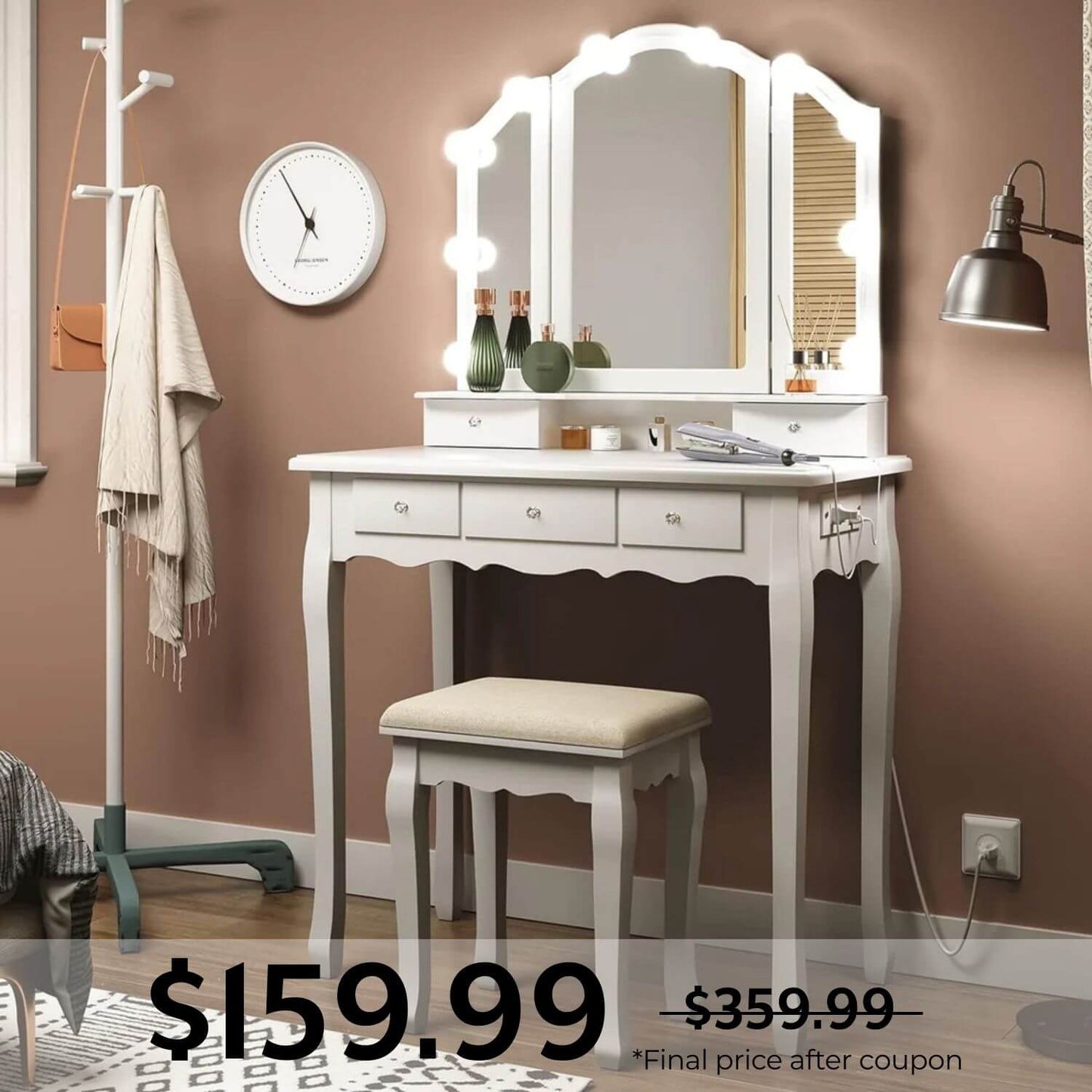 Makeup Vanity Set with LED Mirror Cushioned Stool White