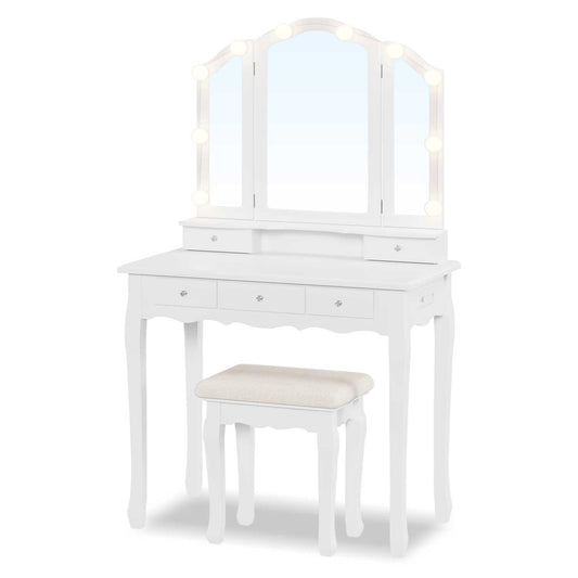 Makeup Vanity Set with LED Mirror Cushioned Stool White