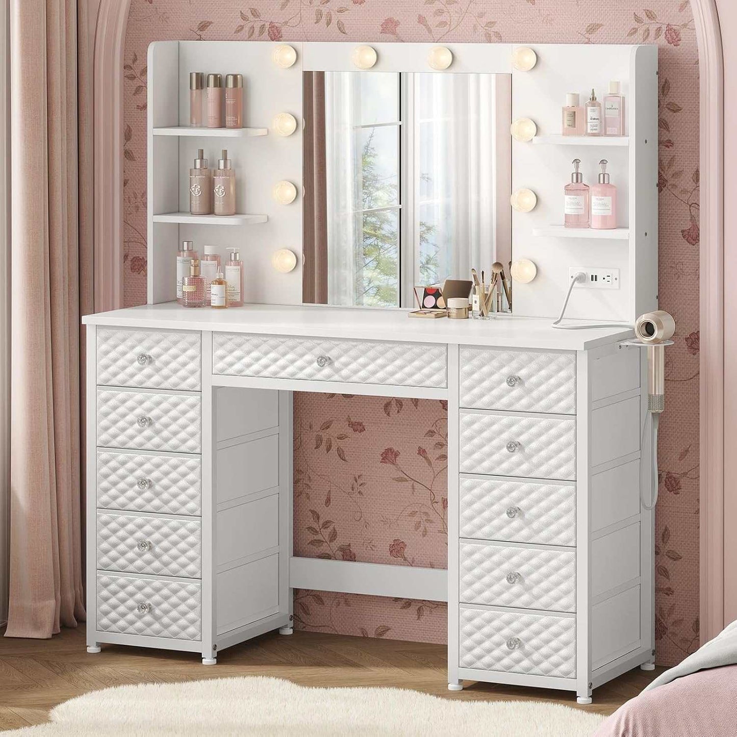 Makeup Vanity with 11 Drawers and 6 Open Shelves White