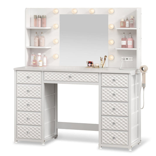 Makeup Vanity with 11 Drawers and 6 Open Shelves White