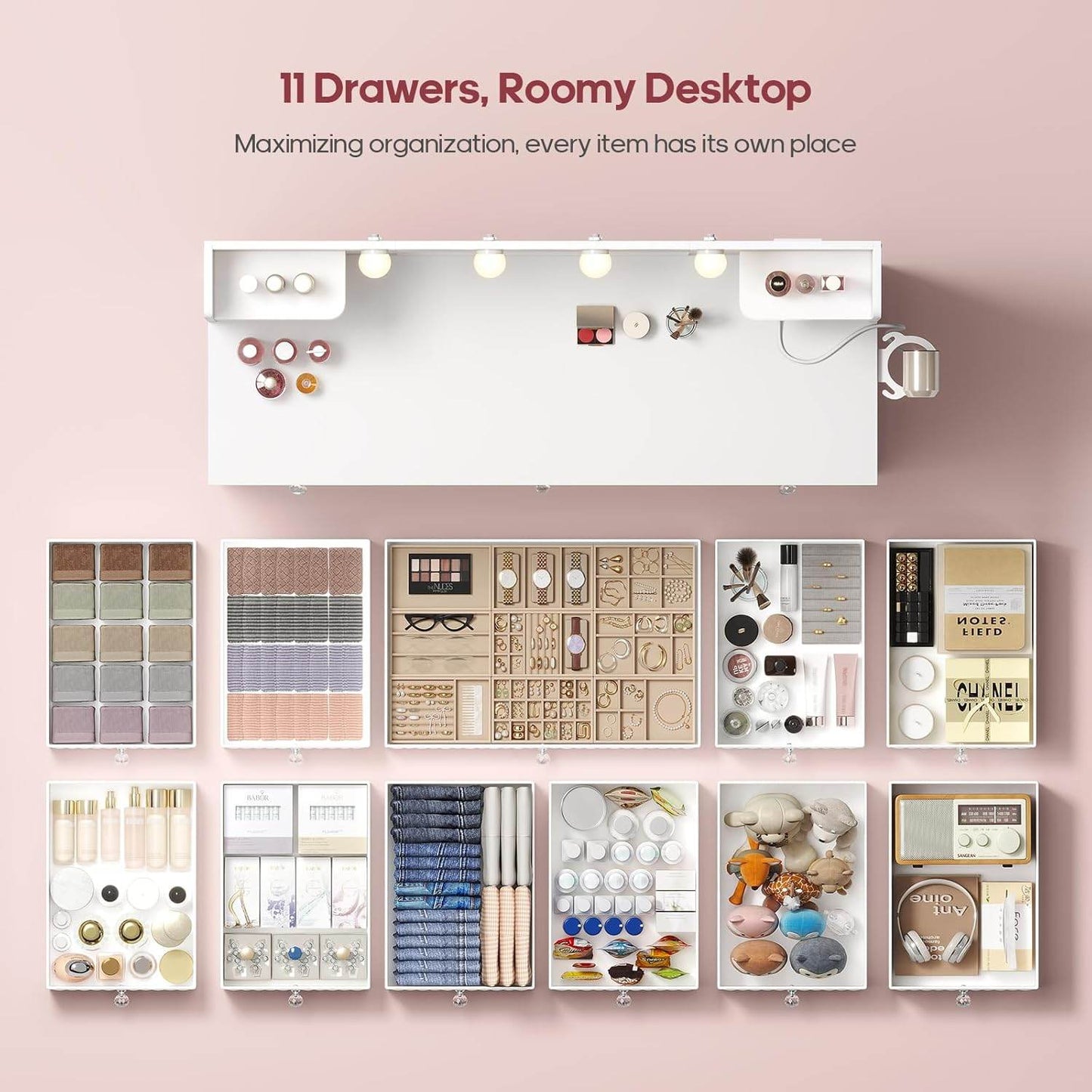 Makeup Vanity with 11 Drawers and 6 Open Shelves White